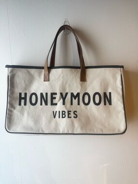 Canvas 'HONEYMOON VIBES' Tote Bag - Cream & Black with Brown Handles